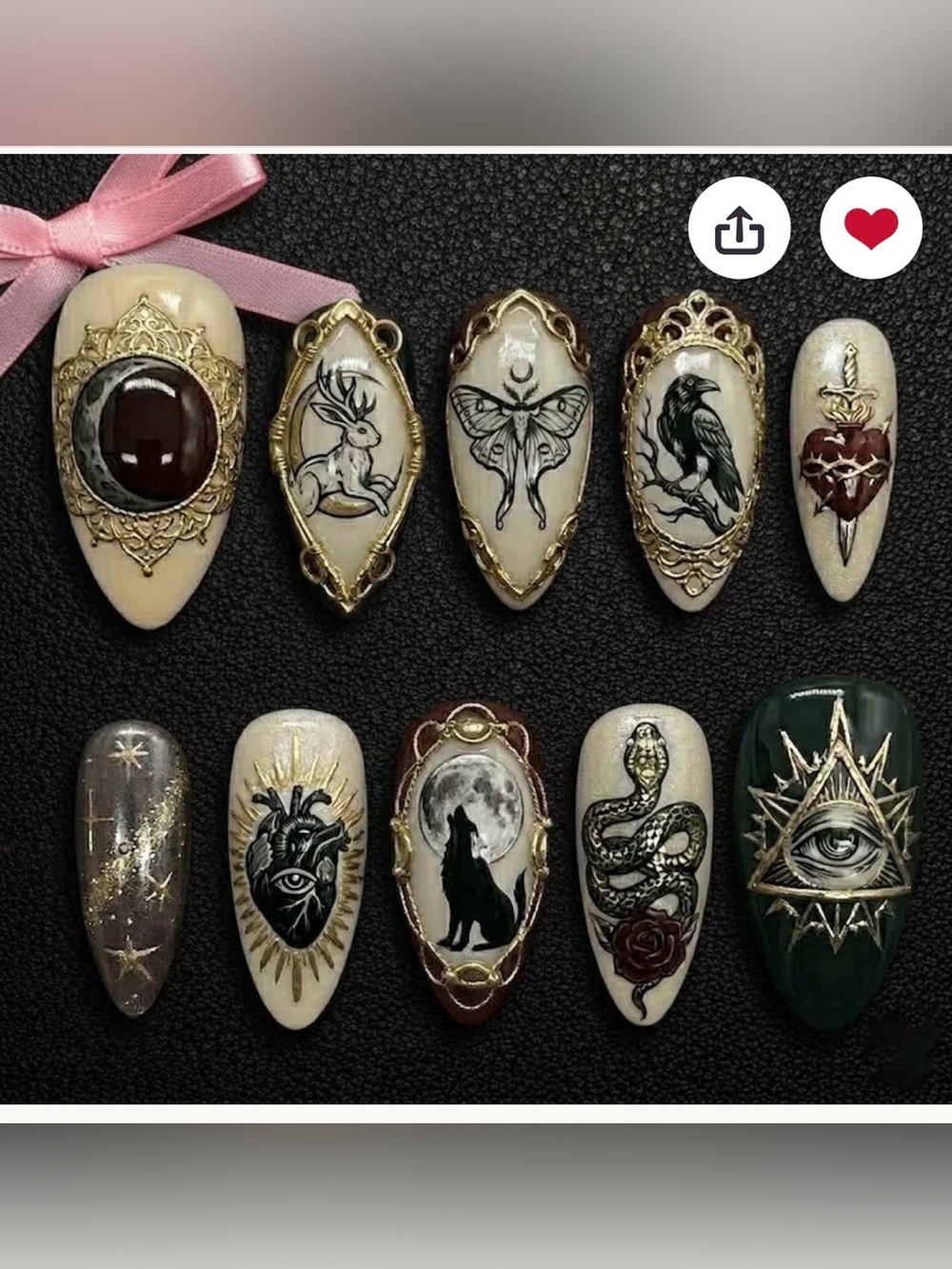 Gothic Illustrated Press-On Nails - Cream, Black & Gold
